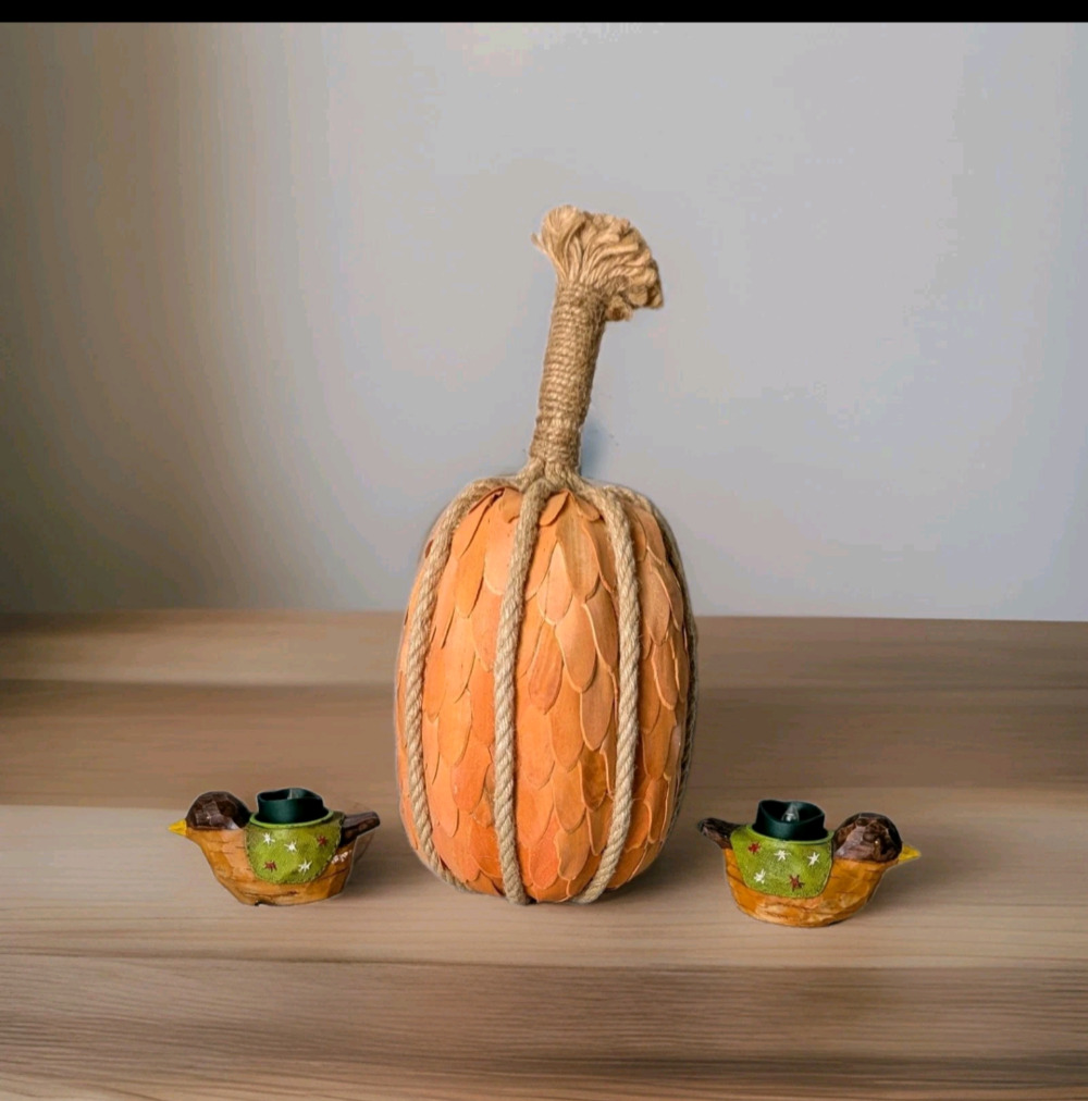 Shaved Wood Chip Pumpkin Fall Decor & Resin Bird Tealight Set Centerpiece